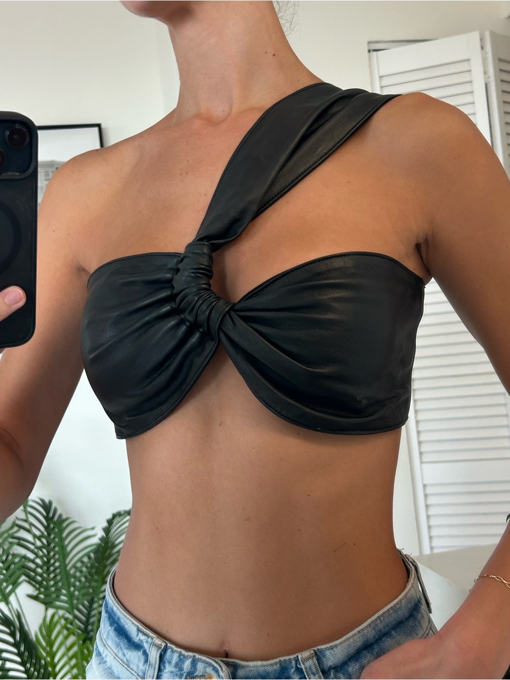 Leather One-Shoulder Black Top with Twist Front